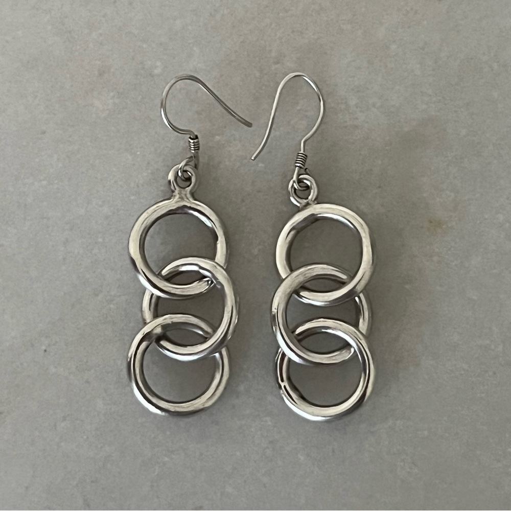 Sterling Silver Solid Three Ring Dangle Earrings - image 2